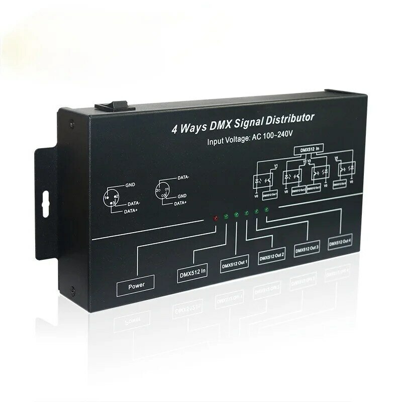 Divisor de amplificador DMX512, repetidor de señal DMX, 4 canales, 4 puertos de salida, distribuidor de señal DMX, entrada de AC100V-240V DMX124