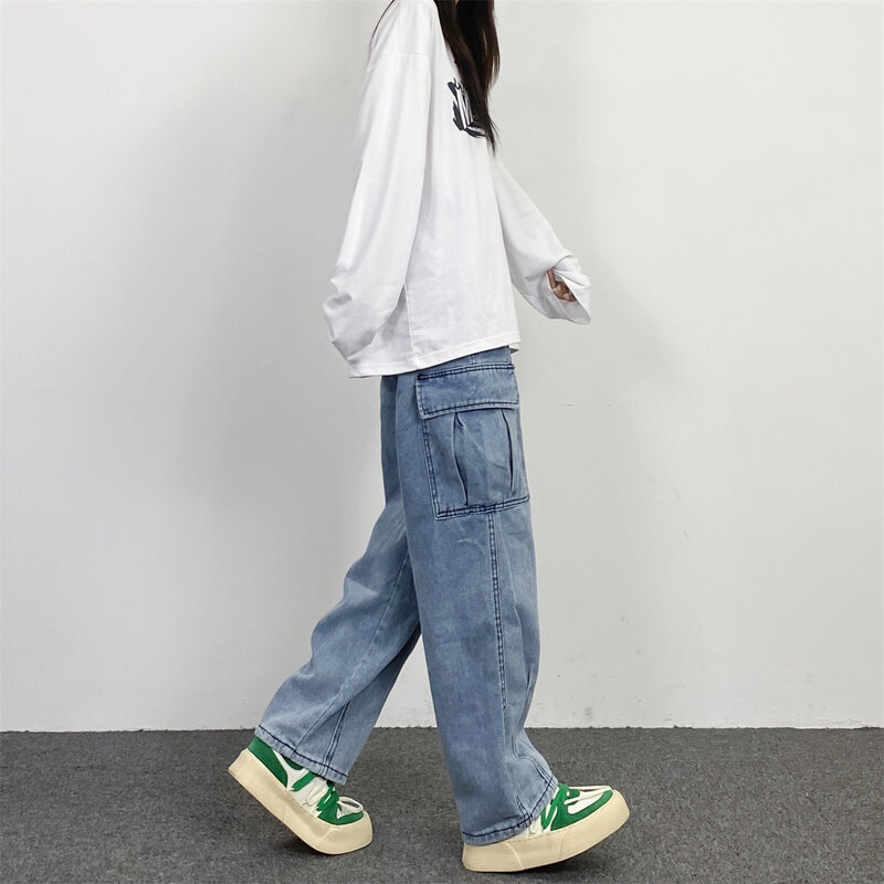 Bolubao nova calça jeans masculina reta solta hip hop calças moda patckwork casual streetwear calças de brim masculino