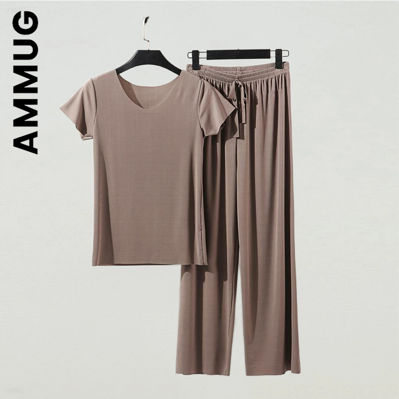 Ammug-Pijama de seda de hielo para mujer, ropa de dormir fina y caliente, ropa de casa Kawaii, ropa interior