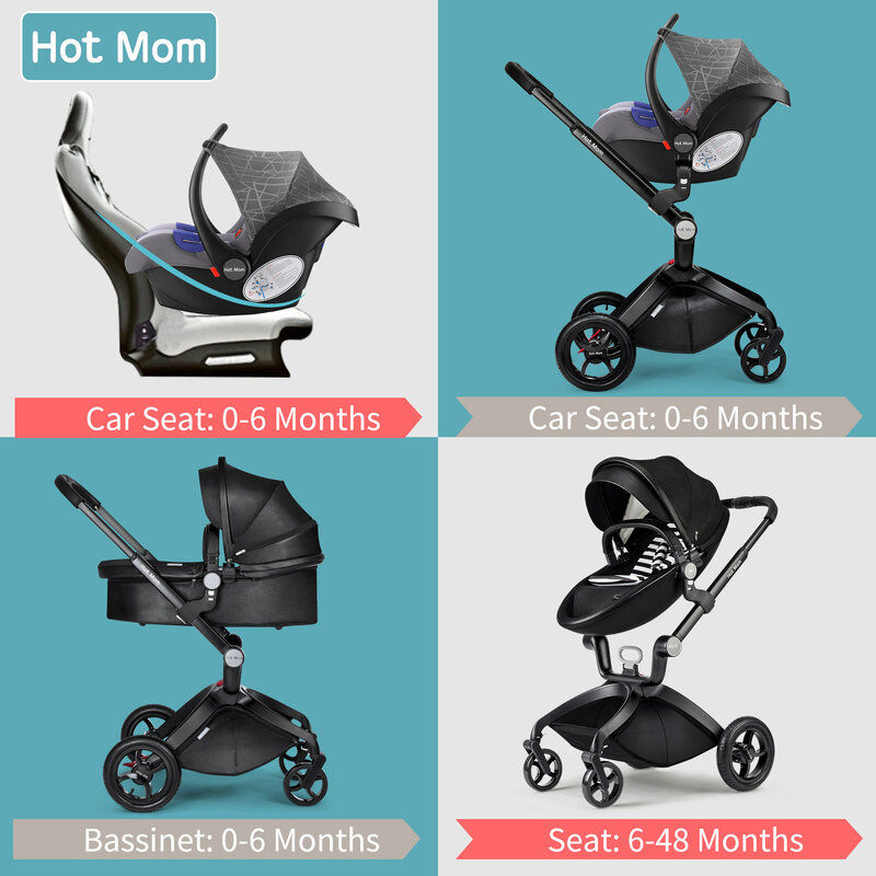 Hot Mom Carrinho De Bebê 3 em 1 Reversível Couro PU Pram De Luxo, Assento, Berço e assento de Carro Baby Carriage-F22