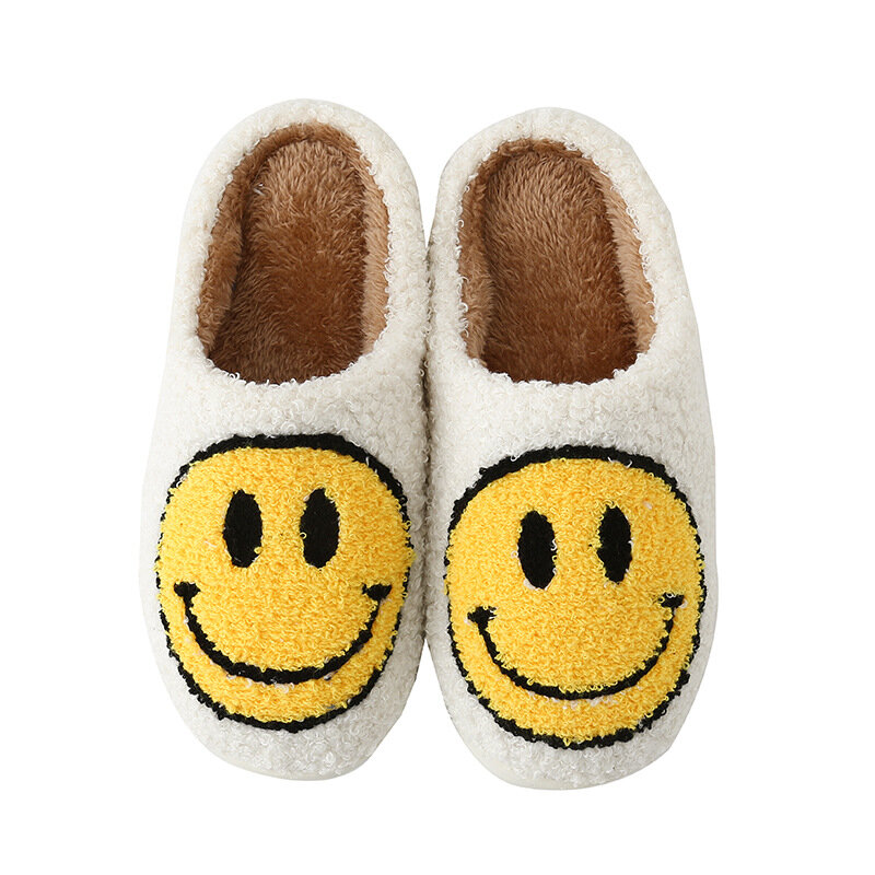 ASIFN Smiley-Zapatillas de piel para mujer, zapatos planos de felpa corta, mullidos, para interiores