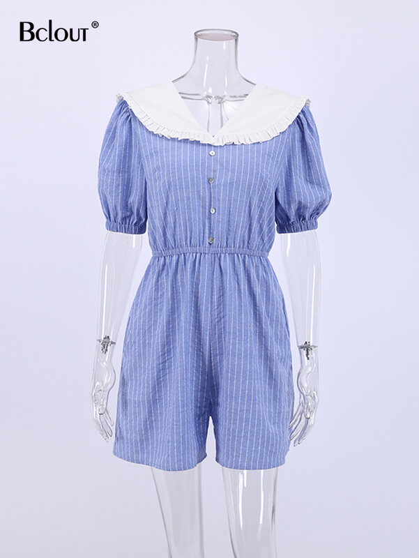 Bclout Summer Striped Jumpsuits Woman 2022 Elegant Peter Pan Collar Lace-Up Bodysuits Chic Short Sleeve Backless Overalls Beach
