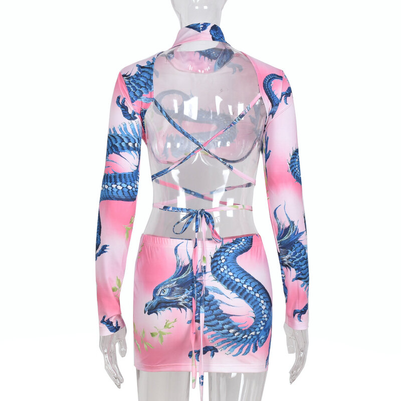 Wishyear 2022 Retro Mode Gedrukt Twee Stuk Rok Set Sexy Outfits Voor Vrouw Clubwear Backless Bodycon Bandage Jurk Sets