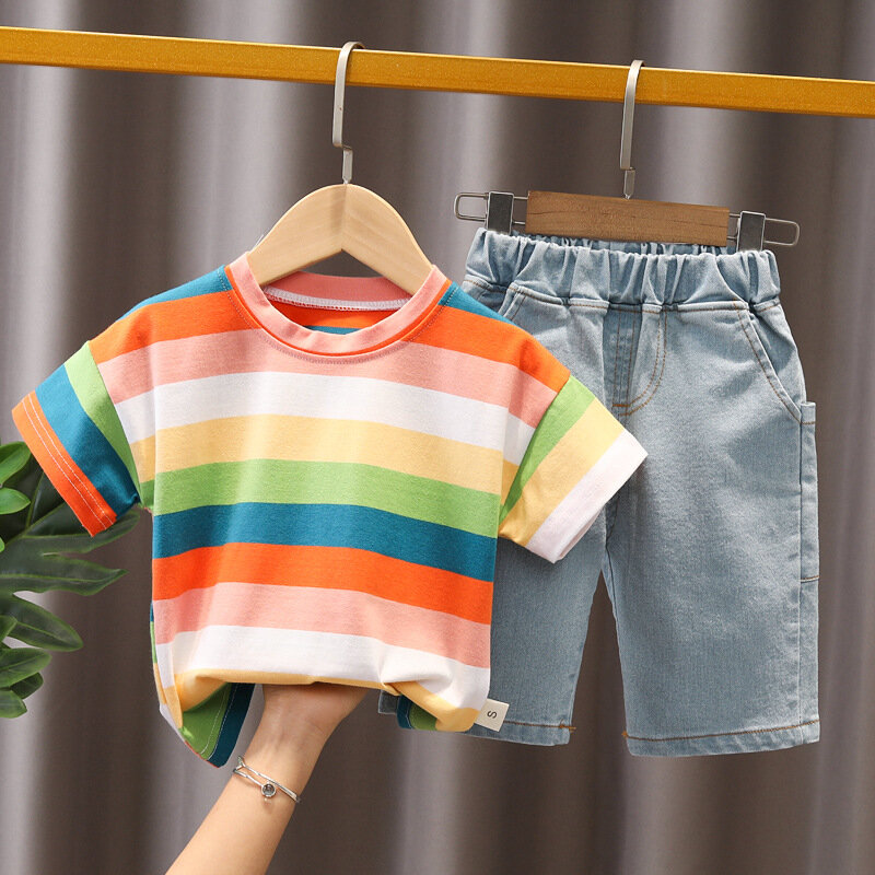 Zomer Kind Jongens Sets T-shirt + Broek Denim Kinderkleding Strepen Korte Mouwen Kleding Voor Jongens Katoen Sets Voor jongens Outfits