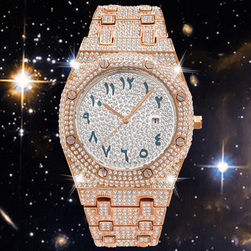 Elegante clássico cheio gelo fora diamante relógio para homem algarismos árabes quartzo relógios dos homens à prova dwaterproof água luxo rosa ouro montre homme