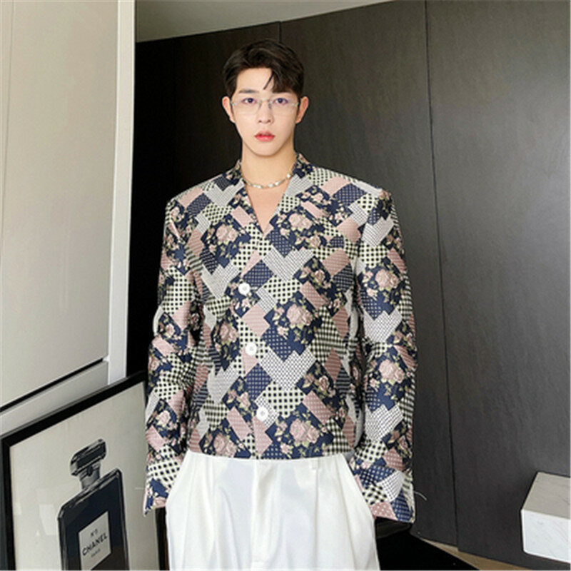 Blazer de lujo para hombre, chaqueta de diseño Jacquard geométrico, abrigos cortos sin cuello, ropa de calle coreana para hombre, otoño