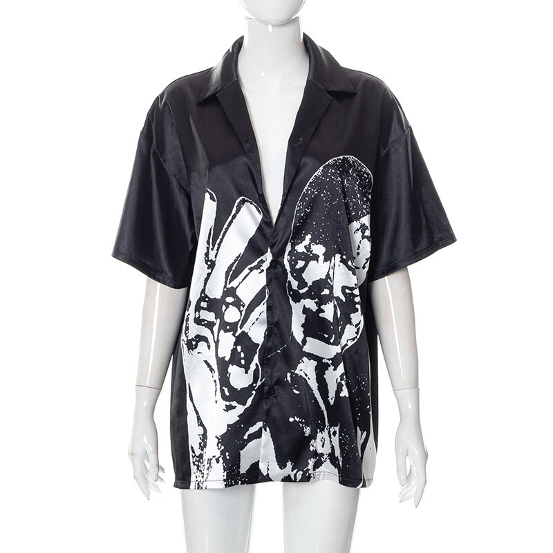 Блузка Wishyear y2k женская с коротким рукавом, модная мешковатая рубашка с пуговицами, с графическим принтом, черная, уличная одежда, 2022