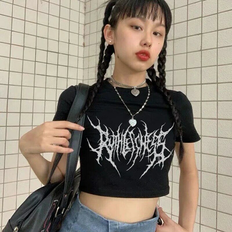 ฤดูร้อน Gothic Letter พิมพ์เสื้อยืด Crop Top Hip Hop Harajuku ผู้หญิงเสื้อผ้า Tee Top Y2K Punk Vintage Slim Fit Streetwear T เสื้อ