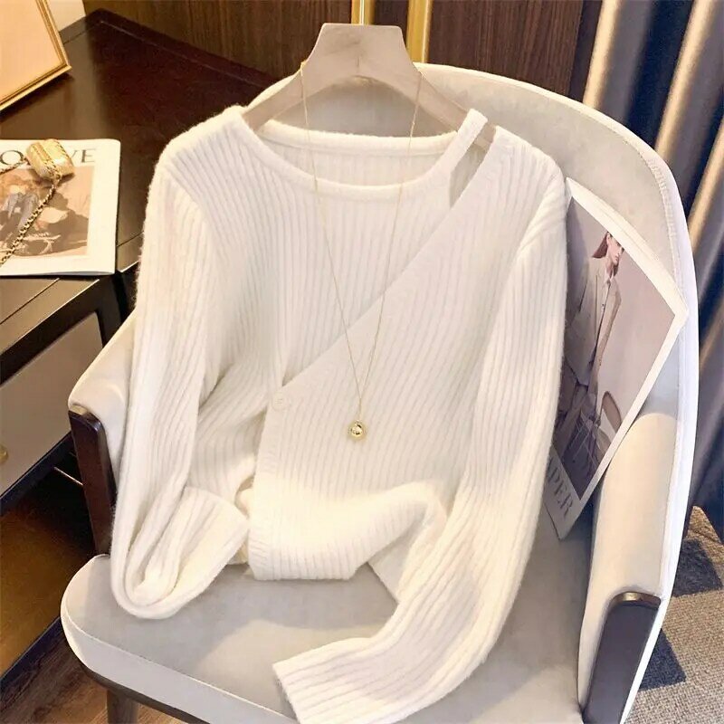 Chic Design Button Cross Sweater for Women 2022 Autumn and Winter New Lazy Wind Age-Reducing Niche Thickened Sweater