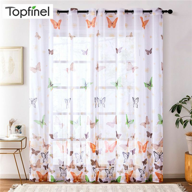 Topfinel cortina transparente com borboletas, para sala de estar, quarto colorido voile, cortinas de tuculas, tratamentos de janela de cozinha, painel