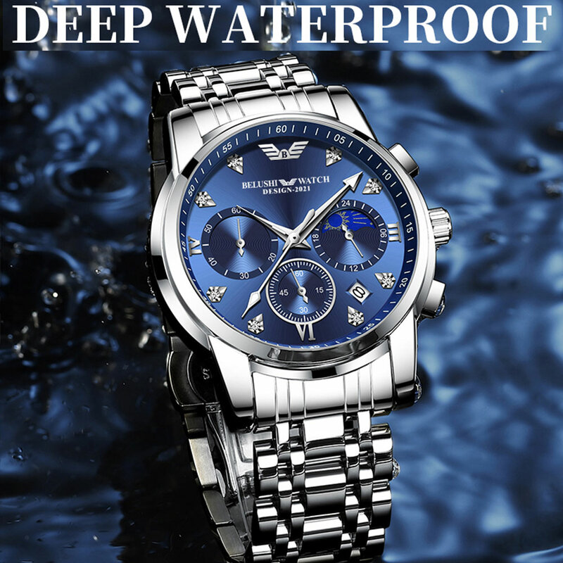 Belushi Dress Luxury Watch Men Women Quartz Watches Waterproof Mens Watches Moon Phase Chronograph Luminous Wrist Watch for Men