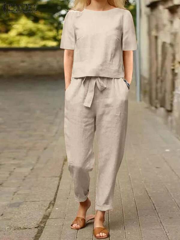 Комплект ZANZEA женский однотонный свободного покроя, праздничный эластичный винтажный комплект с широкими штанинами, блузка оверсайз с полу...