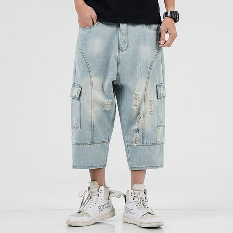 Pantalones Capri de mezclilla Retro para hombre, pantalones cortos informales de gran tamaño, diseño rasgado lavado, novedad de verano