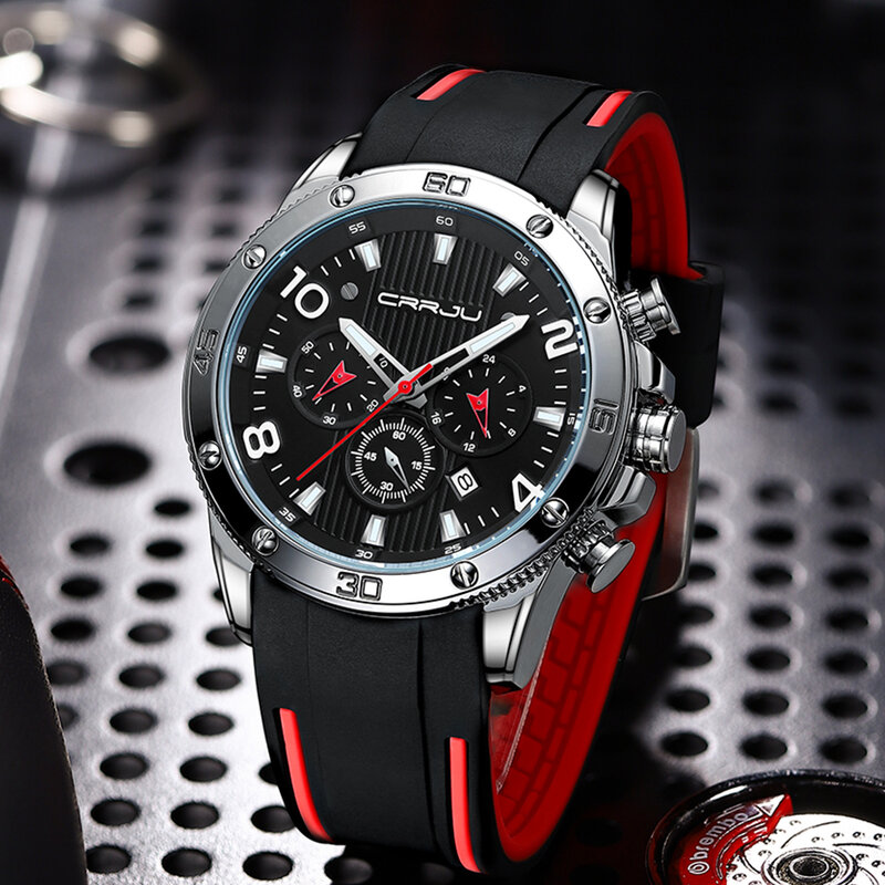 CRRJU 2022 New Men Watch Fashion Casual Outdoor Sport Waterproof Chronograph Quartz Rubber Luminous Watch Relógios Masculino