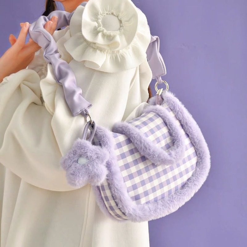 Модная женская японская сумка через плечо Kawaii Lolita Harajuku симпатичная фиолетовая клетчатая меховая сумка-мессенджер плюшевые женские сумки р...
