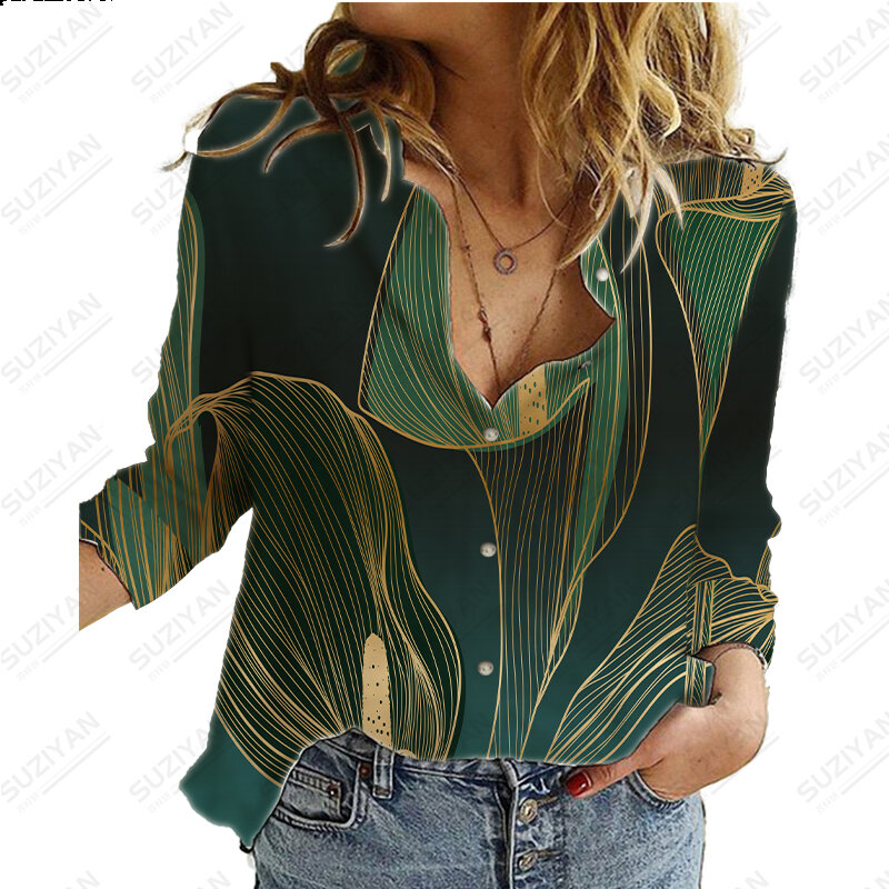 Nowa tropikalna nadruk roślin klapa koszula damska duża koszula z długim rękawem z długim rękawem luźna luźna koszula damska