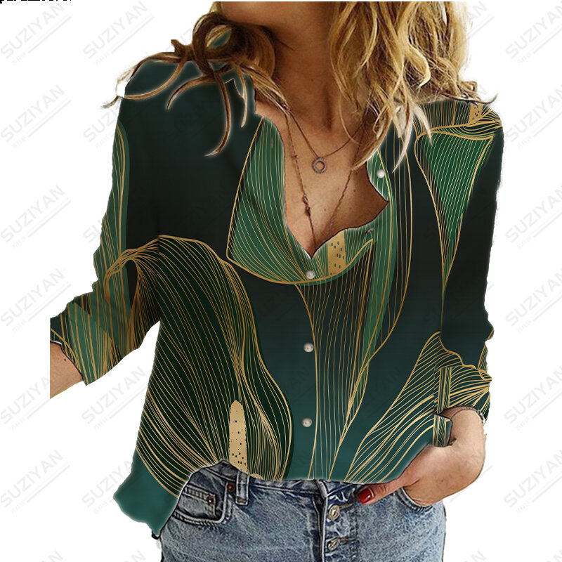 New Tropical Plant Print Lapel Women's Shirt Large Long Sleeve Button Shirt Long Sleeve Loose Casual Women's Shirt