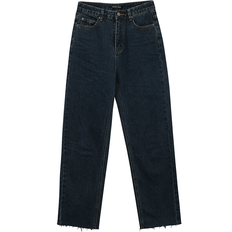 Jeans Wanita CHIC VEN Celana Denim Streetwear Longgar Pinggang Tinggi Celana Panjang Wanita Kaki Lebar Biru Tua Celana Panjang Wanita Musim Semi Musim Gugur 2022