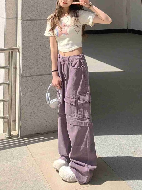 Jean cargo violet surdimensionné pour femme, pantalon baggy taille haute, jambe large, style coréen, vintage, printemps, été