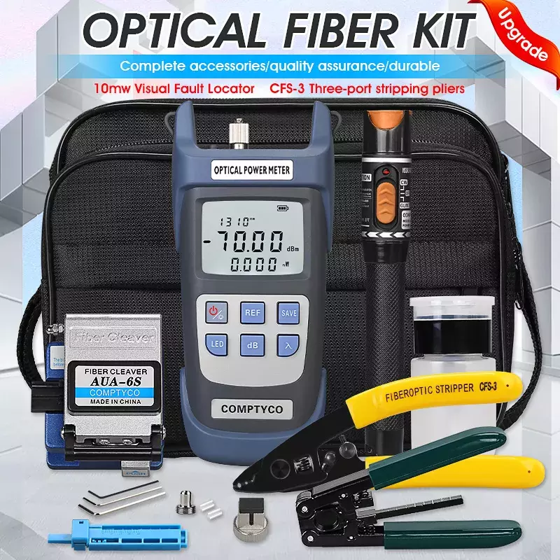 19 pçs/set kit de ferramentas de fibra óptica ftth com fibra cleaver-70 ~ + 10dbm medidor de potência óptica localizador visual de falhas 10mw
