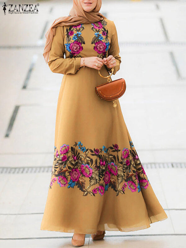 Modny nadruk sukienka muzułmańska kobiety plisowana Sundress ZANZEA 2023 dorywczo bufiaste rękawy Maxi Vestidos kobiet kwiatowy turecki szata Femme