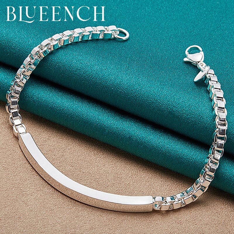 Blueench 925 prata esterlina retangular curvo pulseira para mulher homem charme personalidade moda jóias