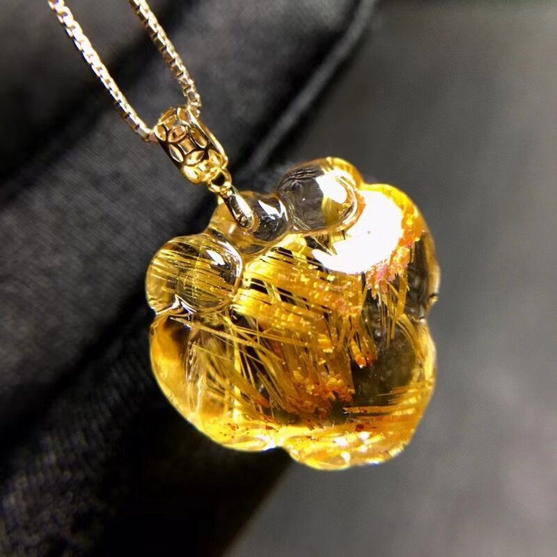 Natural Gold Rutilated Quartz Safe Lock Pendant Necklace 17.7*17.4*10mm Brazil Rutilted Water Drop Women Men Jewelry AAAAAAAA
