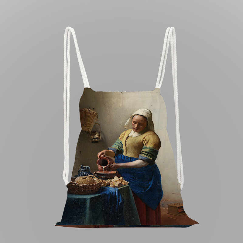 Mochila escolar clásica con estampado de pintura al óleo para niña, bolsa con cordón, bolsa de cuerda, mochila de viaje para mujer