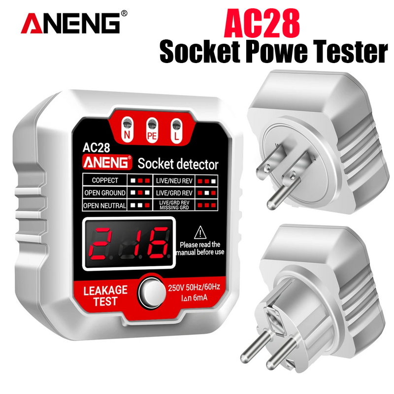 ANENG AC28 Digital Socket Power Tester 250V 50Hz/60Hz Socket Polarity Detector Voltage Tester Circuit Breaker Finder EU/US Plug