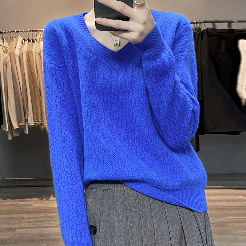 새로운 가을 겨울 v 넥 중공 울 스웨터, 여성 느슨한 바닥 셔츠 풀오버 슬림 스웨터 긴 소매 조커