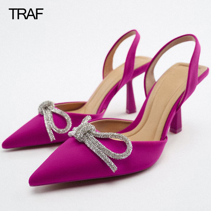 TRAF – escarpins à talons hauts avec nœud papillon et strass pour femmes, sandales à talons hauts, chaussures à talons aiguilles, Slingback, collection printemps été 2022