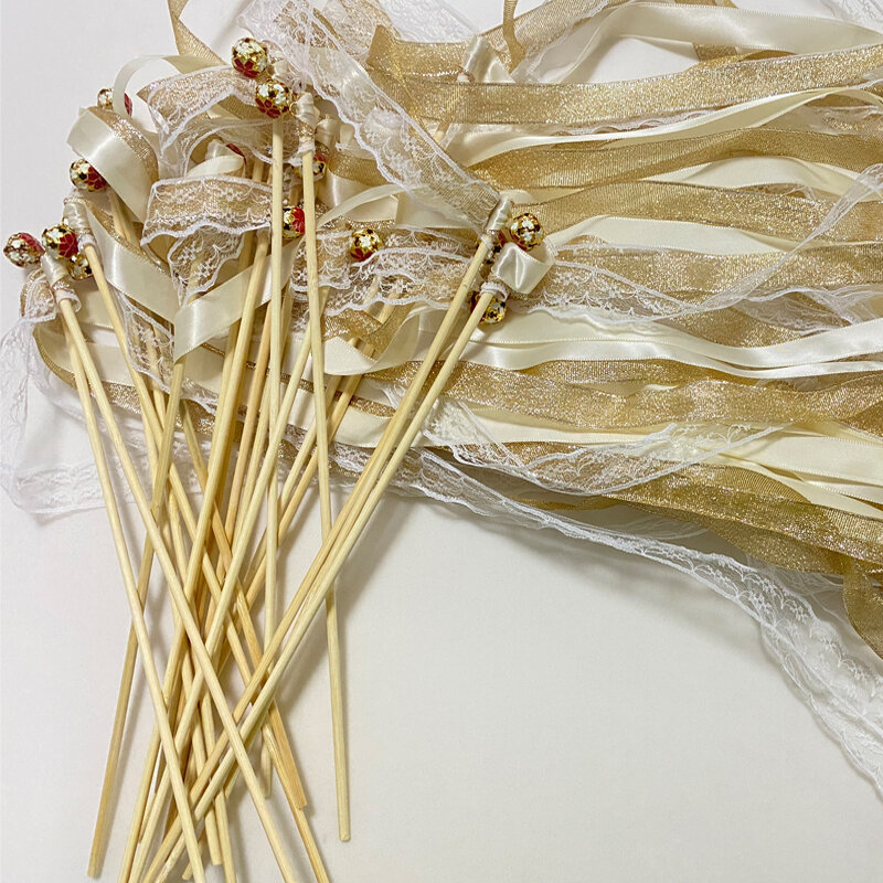 50/20/10pcs Gold Ribbon Stick Wedding Wands with Gold Bells Ribbon Sticks Colorful Ribbon Wands for Wedding Party Decorations