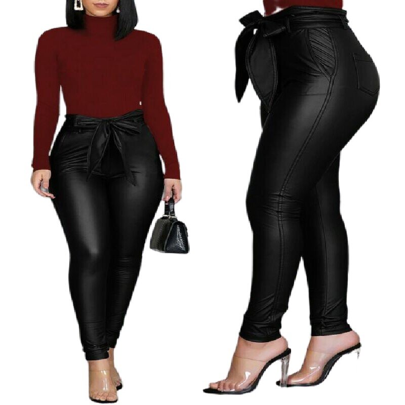 2022 nowy pas wysokiej talii spodnie ołówkowe kobiety Faux Leather PU Sashes długie spodnie Casual Sexy modne spodnie
