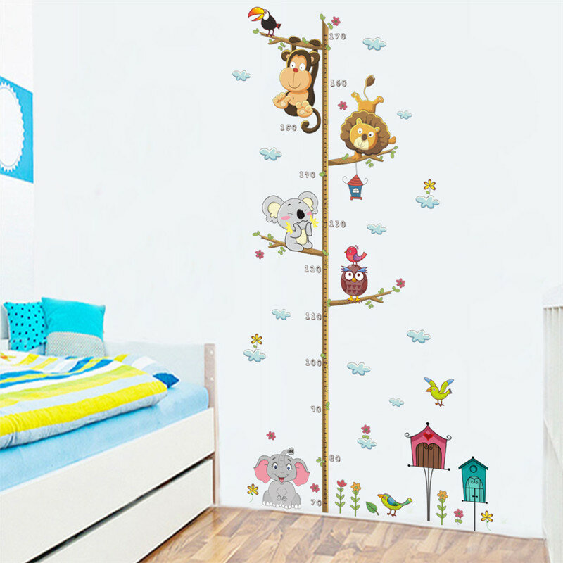 Pegatina de pared de medición de altura con dibujos de animales, adhesivo con forma de león, mono, búho, elefante, para dormitorio infantil