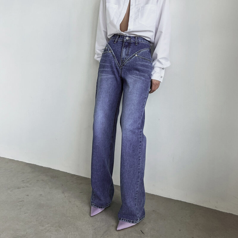 Vintage Blue Denim Jeans Frau Mode Hohe Taille Gerade Büro Dame Hosen Elegante Voller Länge Hosen Für Frauen 2022