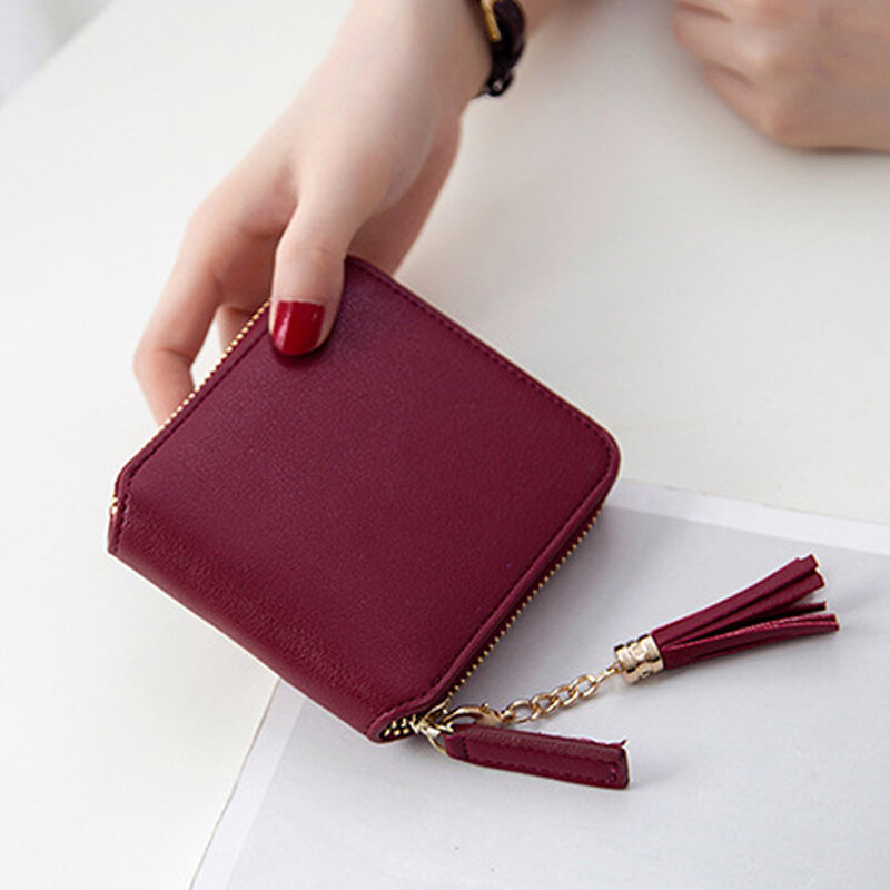 Fashion PU Leather Solid Soft Short Smooth Daily Square With Tassel Drop Zipper Closure Women Wallet