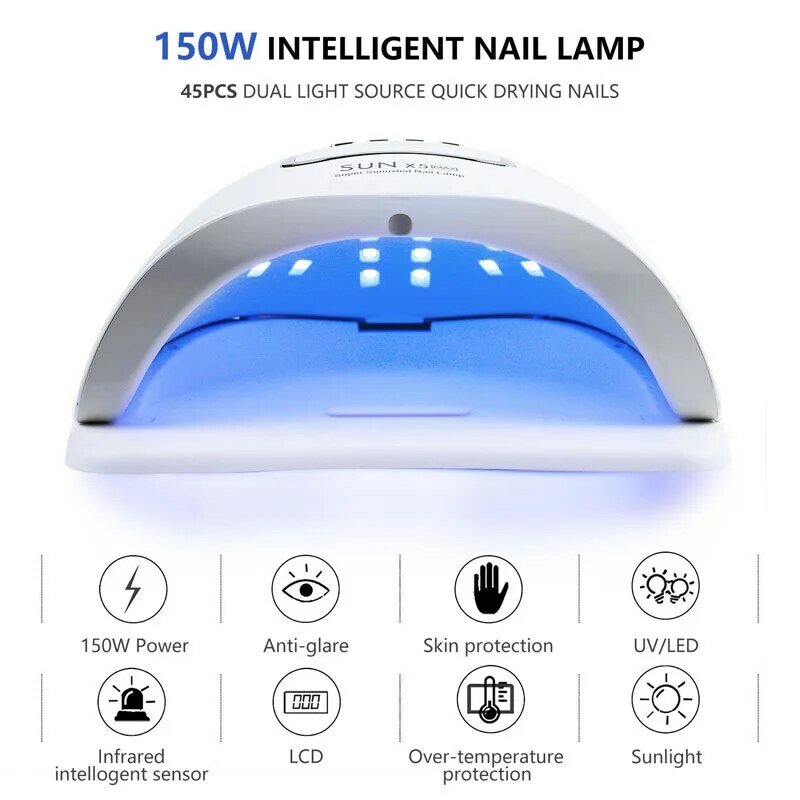 SUN X5 MAX 150W Nail Lamp For Curing Nails Gel Polish 45 LED Beads Nail Dryer Lamp Quick Dry Gel With Smart Sensor Manicure Tool