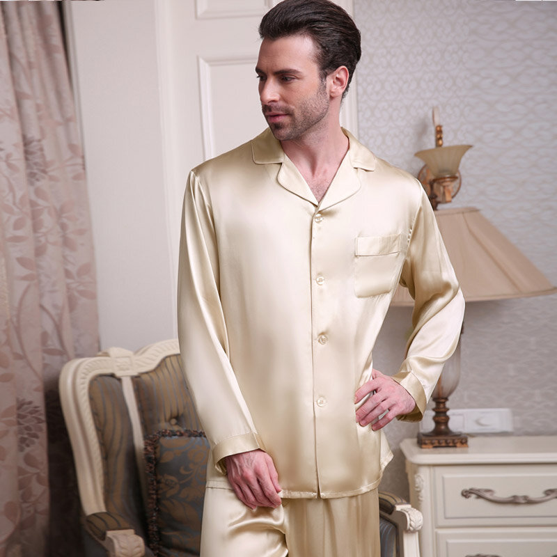 Pijamas de seda genuínos masculinos primavera verão manga longa camiseta calças de duas peças pijamas define 100% silkworm seda roupa de dormir masculina