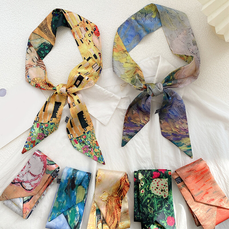 Bufandas de pintura al óleo para mujer, pañuelo de seda largo de 105x6cm, banda para el pelo, cinta de sarga, pañuelo para el cuello, accesorios para bolsa
