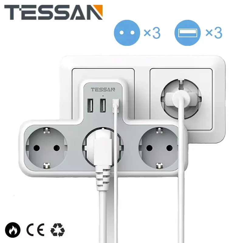 Presa a muro multipla TESSAN con 3 prese ca e 3 porte USB, adattatore USB 6 in 1 con protezione da sovraccarico per Smartphone, Tab