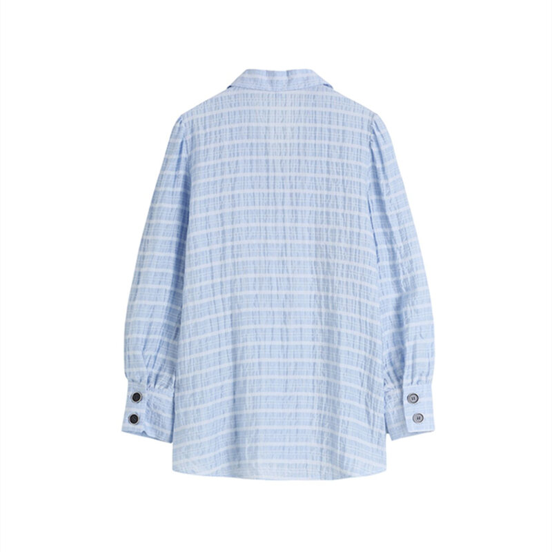 Camisa a cuadros azules con correa de lazo para mujer, blusa fina holgada de dos piezas con diseño de primavera, Tops de manga larga con botonadura única