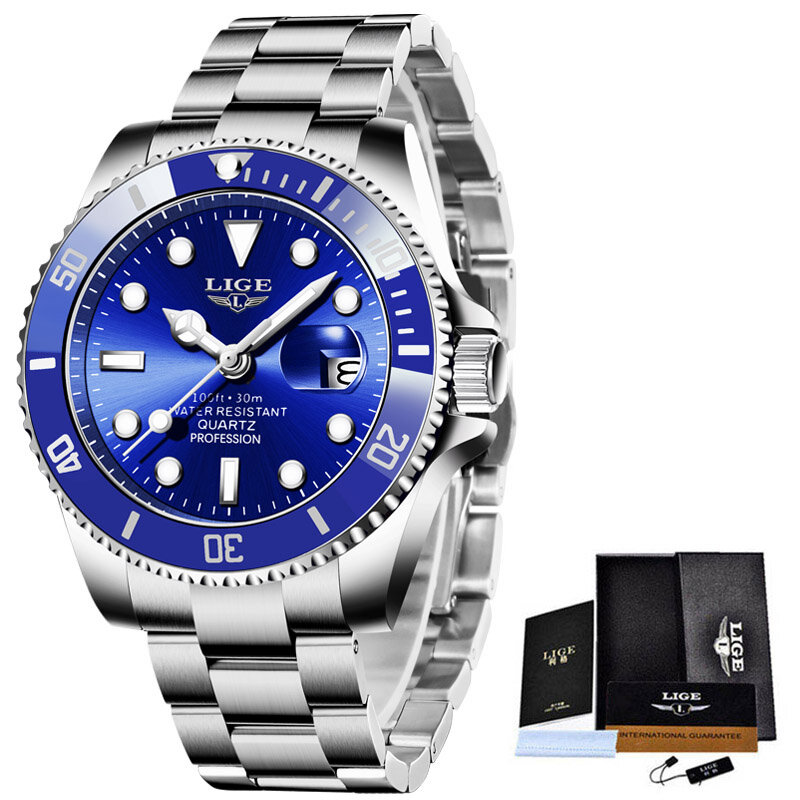 LIGE-다이버 시계, 남성 브랜드 럭셔리 패션 30ATM 방수 시계, 남성용 날짜 표시 시계, 스포츠 쿼츠 손목 시계