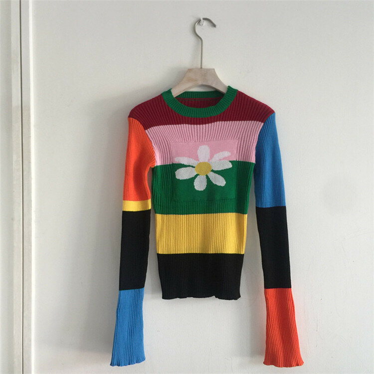 Autumn Harajuku Knitted Sweater Flower rainbow pattern Sweater Stripe Knitted Pullovers Winter Clothes Cotton Long Women Sweater