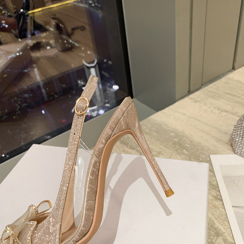 Nowe damskie modne seksowne sandały szpilki szpiczaste złote szpilki buty ślubne srebrne błyszczące Rhinestone Bow Heel puste