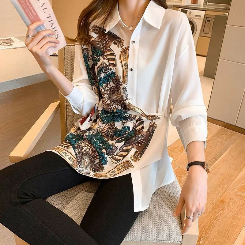 الربيع والخريف أنيقة السيدات البلوزات قمصان طويلة الأكمام Vintage الربط الطباعة غير النظامية أعلى كوريا الجنوبية الملابس النسائية