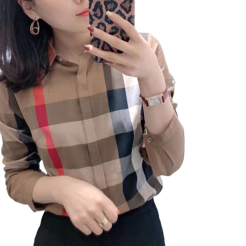 Pure cotton plaid women's shirt 2021 spring and autumn popular new all-match thin blouse bottoming shirt