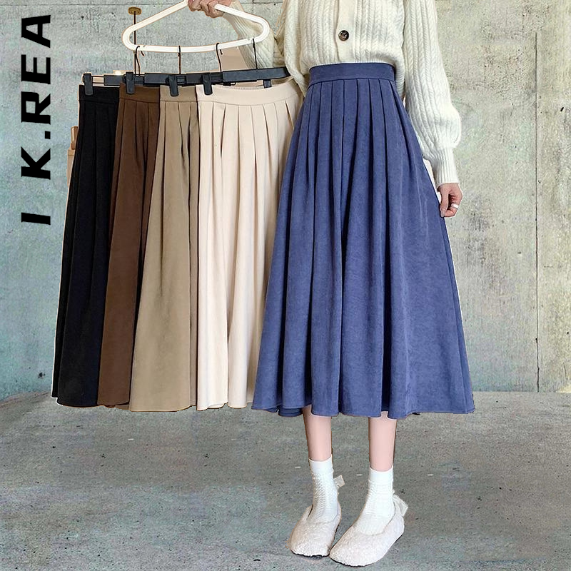 Lucyever moda cintura alta saia plissada feminina coreano elegante estilo faculdade midi saia senhoras outono inverno grosso a-line saias