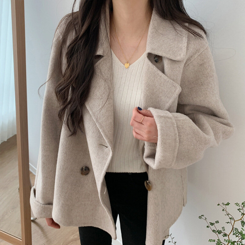 Outono inverno casacos de lã feminino coreano chique temperamento colarinho duplo breasted manga longa jaqueta curta casaco feminino