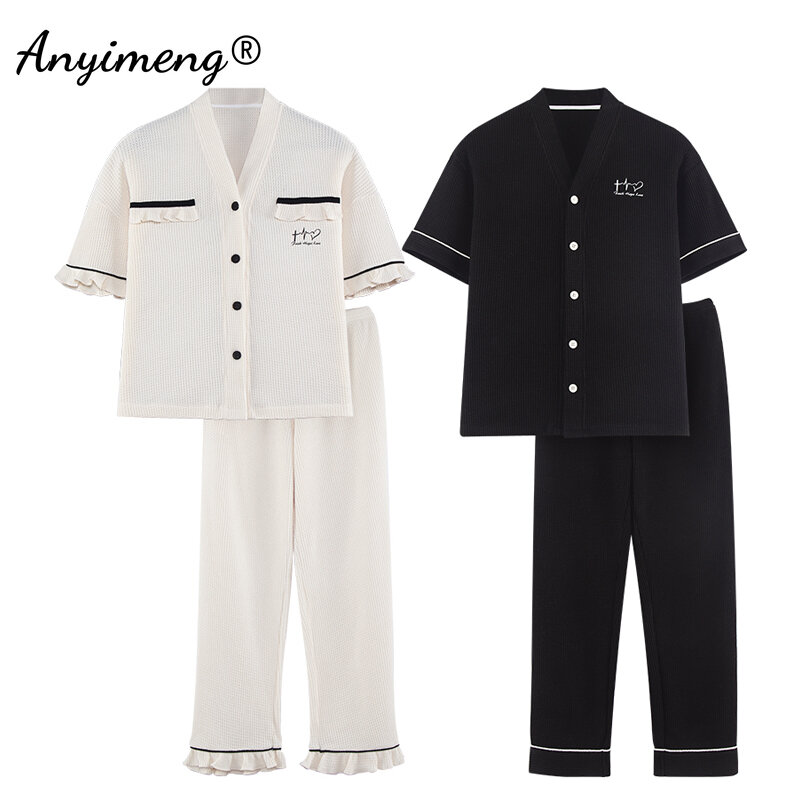 New Summer Cotton Matching Pajamas for Couples Waffle Pattern Black and White Couple Sleepwear Fashion Pajama Sets for Lovers