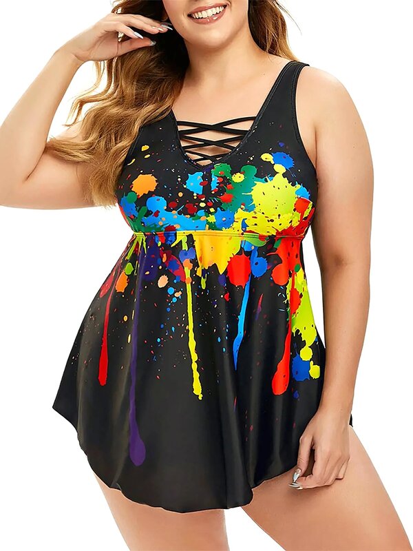 5XL Plus Size Vrouwen Afdrukken Swim Shirt Print Swimdress Kleurrijke Print Sexy V-hals Beachwear Grote Badpak Grote Uitgesneden badmode